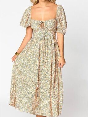 NWT Buddy Love Yellow Floral Puff-Sleeve Midi Dress